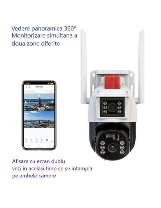 Cameră inteligentă de supraveghere cu lentile duble V380 Pro, 5MP, HD 4K, exterior/interior, WiFi, zoom 4x, pivotantă, lumini LED, comunicare bidirecțională, senzor mișcare, vedere nocturnă IR 30 m